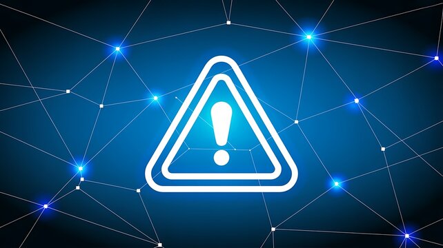 Digital warning sign with exclamation mark on a network background symbolizing data breach alert and cyber security