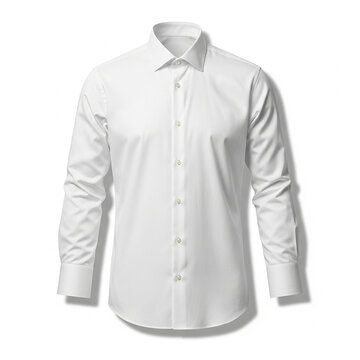Classic white longsleeved dress shirt for men, formal buttondown shirt with collar and cuffs, professional business attire isolated on white background