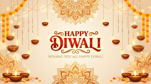 Happy diwali greeting card with traditional oil lamps and mandalas