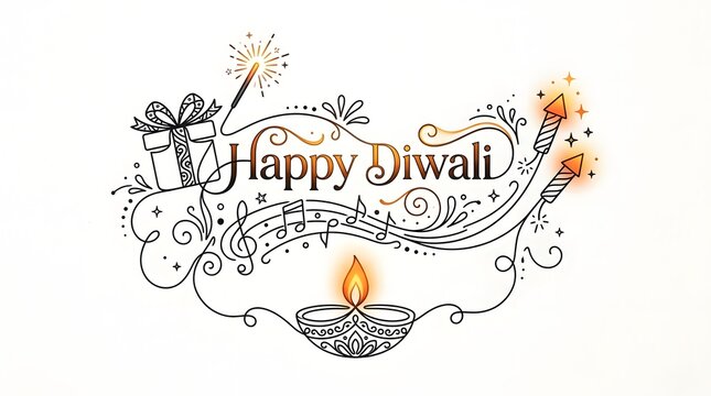 Happy diwali greeting card with diya, gift and fireworks