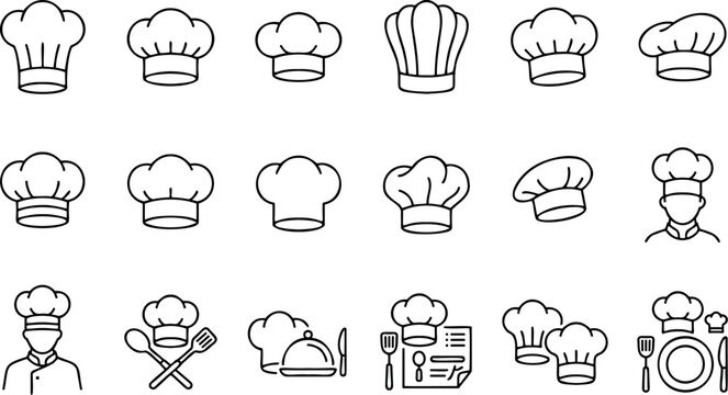 Chef Hat Icon Set with Cook Baker Uniform and Restaurant Line ArtChef Hat Icon Set with Cook Baker Uniform and Restaurant Line Art