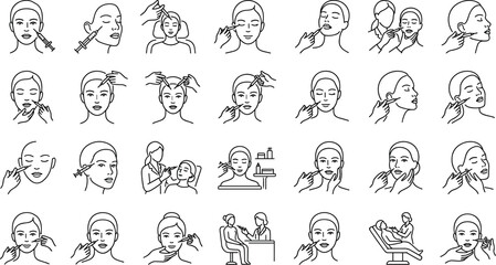 Obraz premium Facial Injection Icon Set with Beauty Filler Botox Anti Aging Line ArtFacial Injection Icon Set with Beauty Filler Botox Anti Aging Line Art