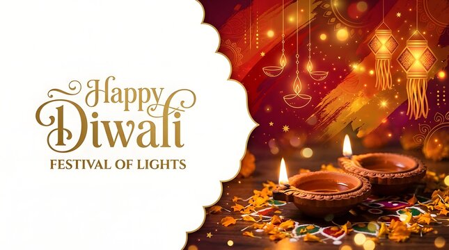 Happy diwali festival of lights greeting card with oil lamps