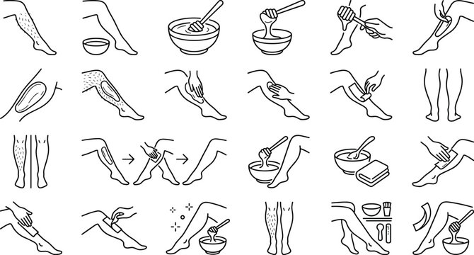  Hair Removal Icon Set with Sugaring Waxing Epilation Leg Care Line ArtHair Removal Icon Set with Sugaring Waxing Epilation Leg Care Line Art