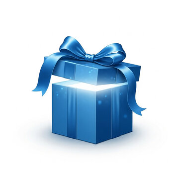 Blue gift box with a shiny ribbon bow, slightly open with a magical glowing light coming from inside, isolated on white background
