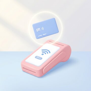 3D rendered contactless payment terminal with a blue credit card pos terminal digital payment financial technology wireless payment money transfer business technology secure payment pay wave