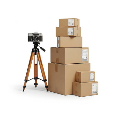 A vintagestyle camera mounted on a wooden tripod standing next to a stack of cardboard shipping boxes isolated on white background