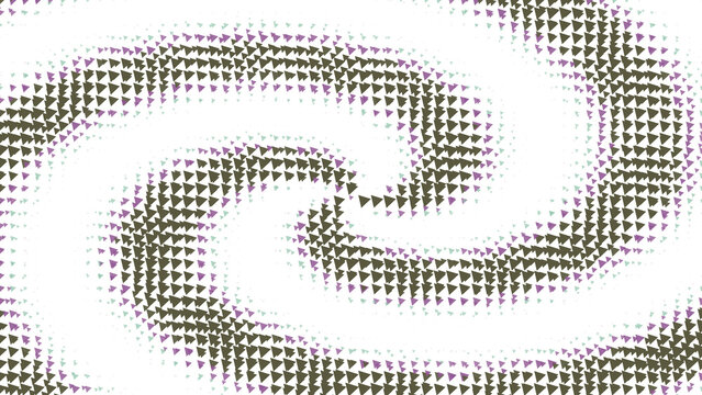Swirling spiral vortex pattern made of dark olive and purple halftone dots on a black background, abstract geometric for digital isolated on a transparent background