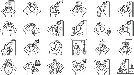 Fototapeta premium Shower Bathing Icon Set with Hair Washing Shampoo Care Hygiene Line ArtShower Bathing Icon Set with Hair Washing Shampoo Care Hygiene Line Art