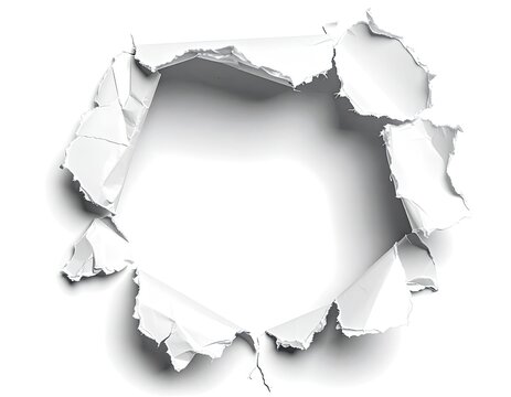 A hole ripped through white paper with torn edges and a shadow.