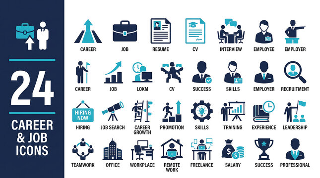 Flat design iconset showcasing 24 diverse career and job roles with clean copy space for presentations