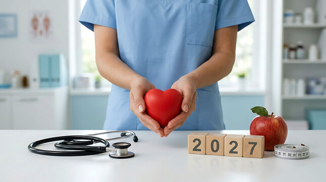 Medical professional holding heart model with stethoscope and 2027 blocks