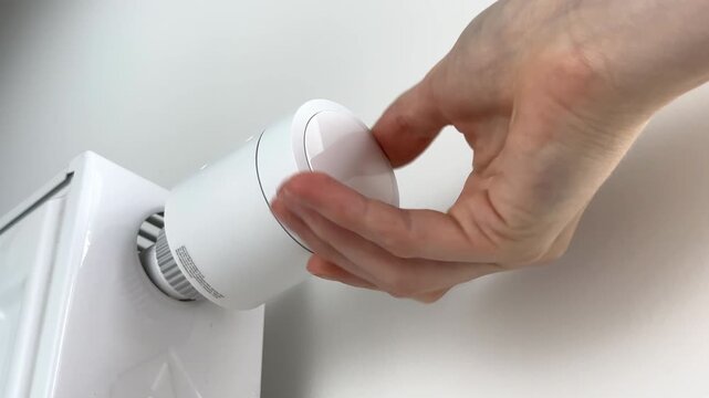 Hand turning on central heating radiator battery using a thermostatic valve regulator. Human finger adjusts a modern controller knob to initiate indoor climate heating during autumn season. Smart home