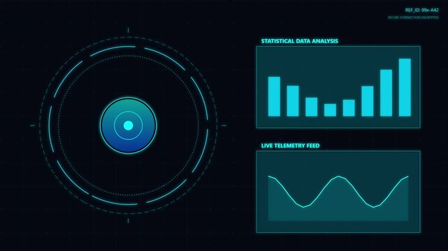 HUD sci-fi interface with rotating radar and data graphs 4K video