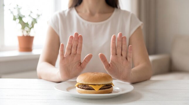 A person with both hands raised in a 'stop' gesture, refusing to eat a cheeseburger on a white plate, symbolizing healthy eating choices or dieting.