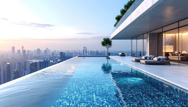 Luxury infinity pool overlooking a sprawling cityscape at sunset.