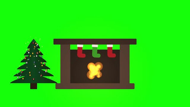 Animated Christmas fireplace with burning fire and decorated tree on green screen background.