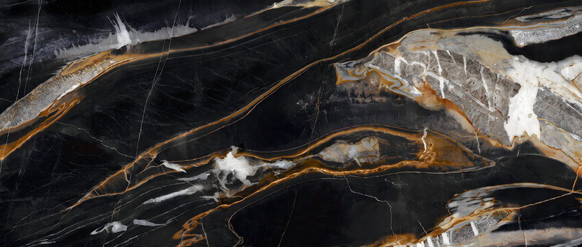 Black onyx marble texture background with dramatic gold veins and crystal formation for luxury interior architecture design