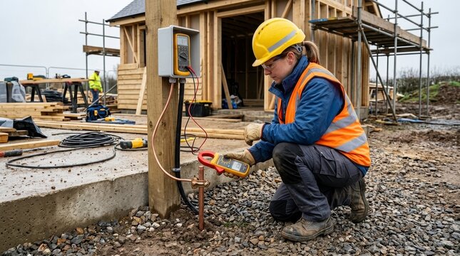 Female electrician in hard hat and safety vest tests grounding rod with clamp meter at construction site