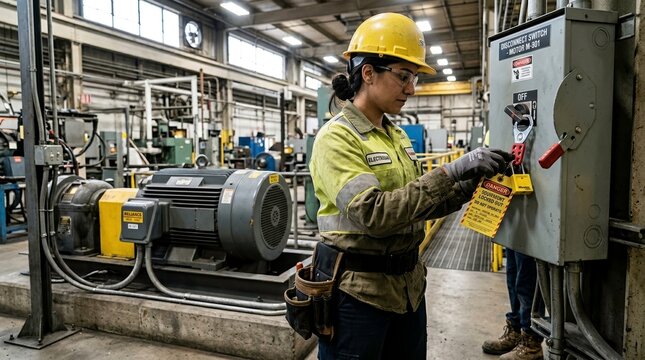 Female electrician in hard hat and safety vest performs lockout tagout procedure on industrial machinery