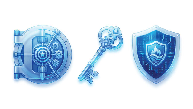 Cyber security game interface icons with blue metallic vault door ancient key and digital shield with code elements for software protection apps.