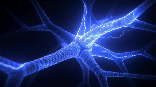 Blue neuron cell with electrical impulses and discharges transmitting signals, close-up.