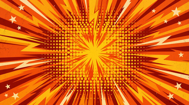 Retro comic book explosion background with radial rays, halftone dots, and lightning bolts in vibrant orange and red