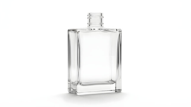 Elegant empty glass perfume bottle with a rectangular shape isolated on a clean white background for packaging design.