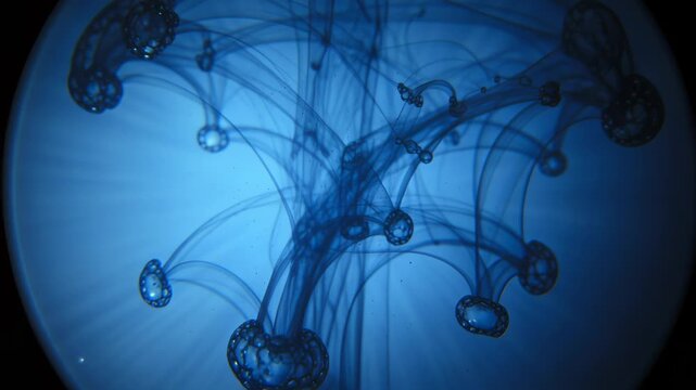 Liquid abstraction resembling ink drop dissolving in water, with branching structures on blue background under microscope.