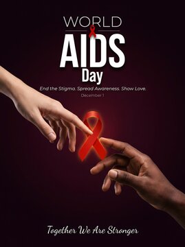 Diverse hands reaching towards a red AIDS awareness ribbon to signify unity and support against the stigma surrounding HIV in a conceptual design with dark background space