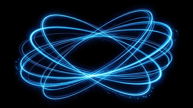 Abstract luminous blue light trails swirling in dark space with copy space