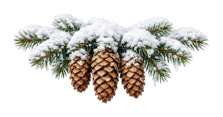 Fototapeta premium PNG Snow-covered pine cones with evergreen branches.