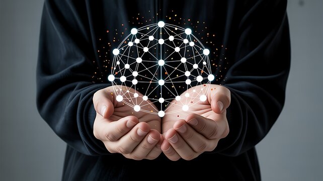 Human hands cradle a glowing abstract digital network sphere with a shallow depth of field against a dark background