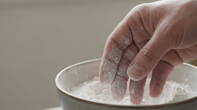 Close up of athlete hand applying magnesium carbonate gym chalk into a white bowl before training