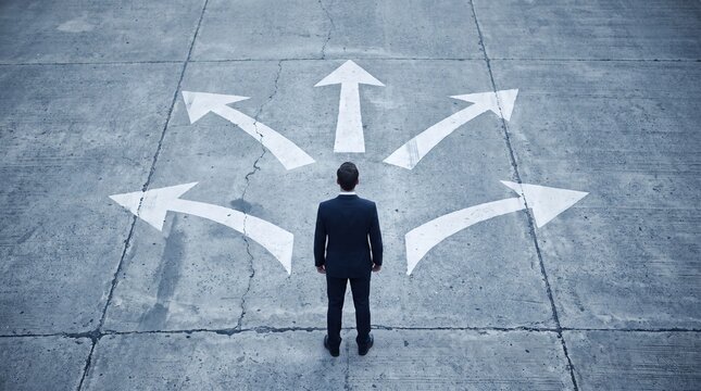 Man in suit stands at crossroads with arrows pointing many ways. He contemplates future path choice. Business strategy, planning, options for success.