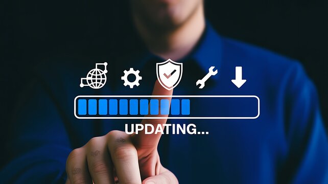 Man's finger touching a digital progress bar indicating software updating with technology icons against a dark background