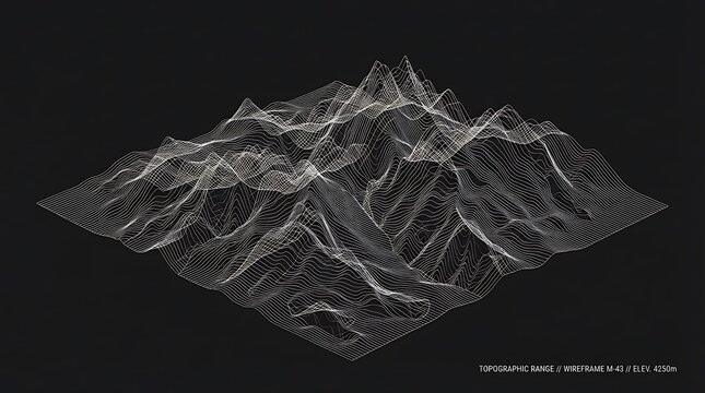 Abstract 3D wireframe mountain range landscape rendered in white lines on black