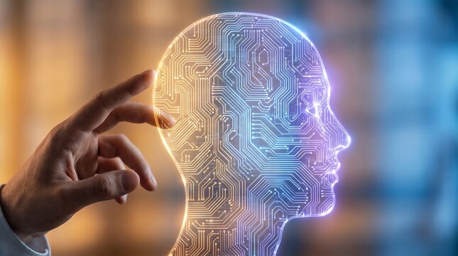 Hand touching futuristic artificial intelligence digital brain head representing machine learning technology