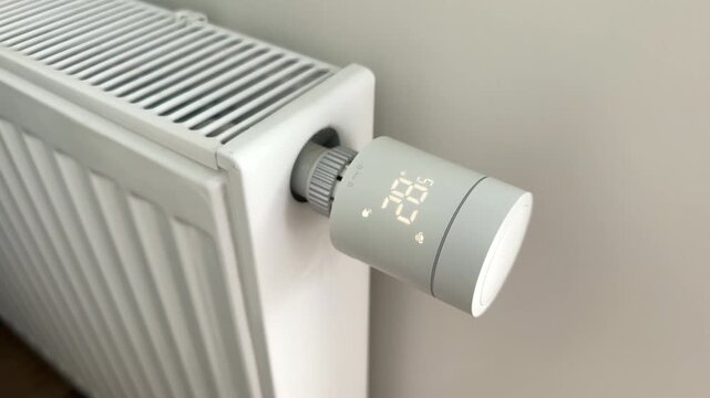 Smart home radiator thermostat head adjusted by hand to increase room temperature. User alters numerical parameters on a white controller valve to activate home heating system. Central heating battery