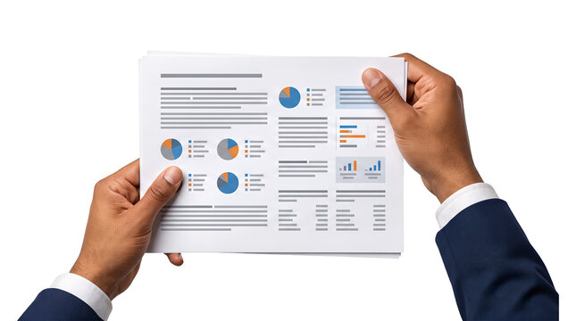 Two hands in navy suit sleeves holding a tilted business report document with multiple pie charts isolated on transparent PNG background