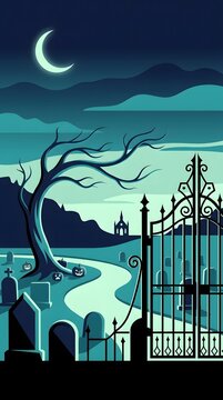 Spooky graveyard with iron gates and crescent moon at night