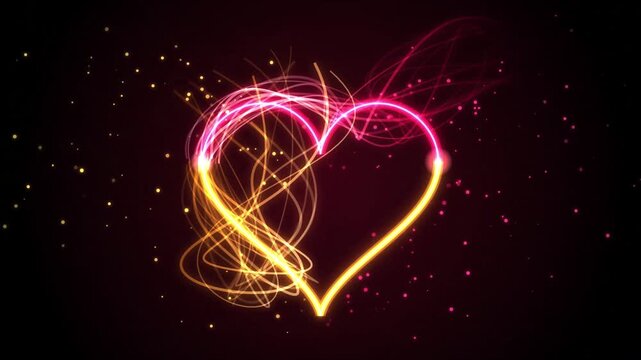 Glowing Neon Heart Shape Outline with Dynamic Light Trails and Floating Particle Effects on Black