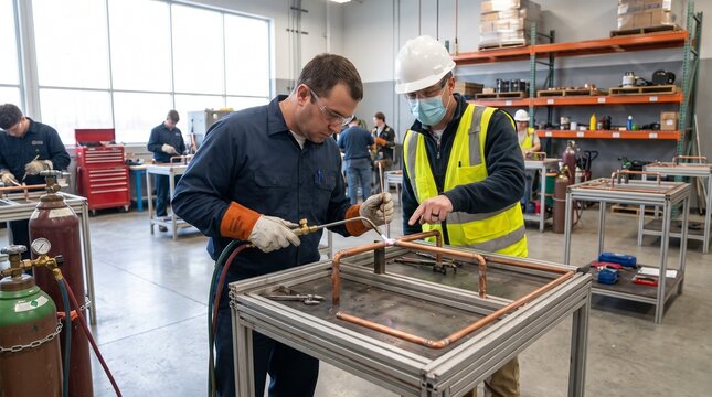 HVAC trainee practices copper pipe brazing