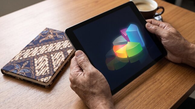 Close up of hands holding digital tablet showing colorful three dimensional financial pie chart graph on wooden desk