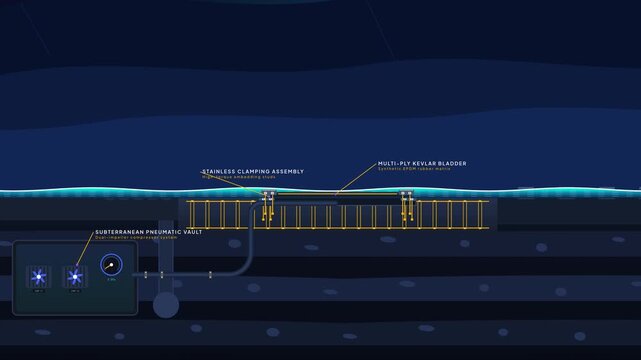 Animation of an inflatable dam system inflating to raise water reservoir head and rapidly deflating to provide zero hydraulic resistance during a flash flood for effective flood control