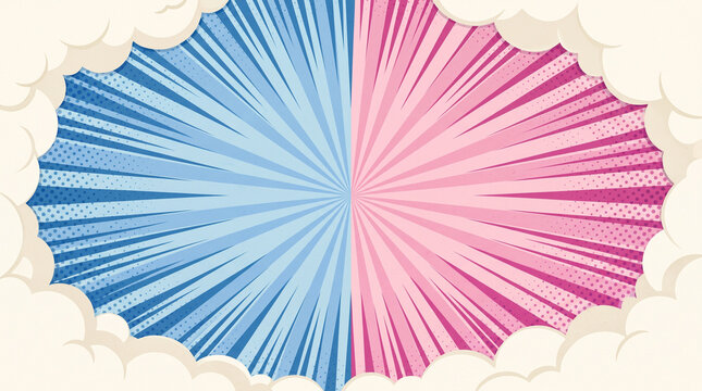 Comic book background with split blue and pink explosion lines framed by fluffy white clouds