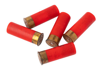 Red shotgun shells are laid on a white background © fotofabrika