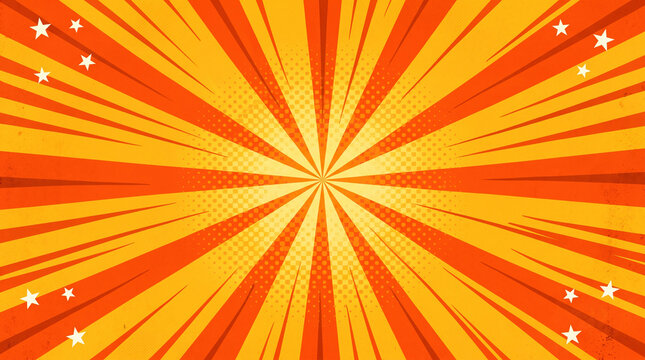 Comic book style background with orange and yellow sunburst rays, halftone dots, and scattered stars, vibrant retro pop art design