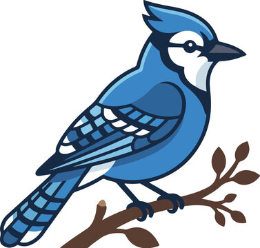 Blue jay vector illustration of a stylized bird perched on a branch in a simple graphic art design style