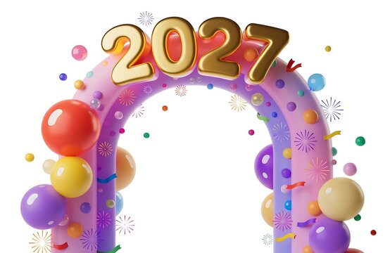 Colorful 2027 celebration arch with balloons and confetti